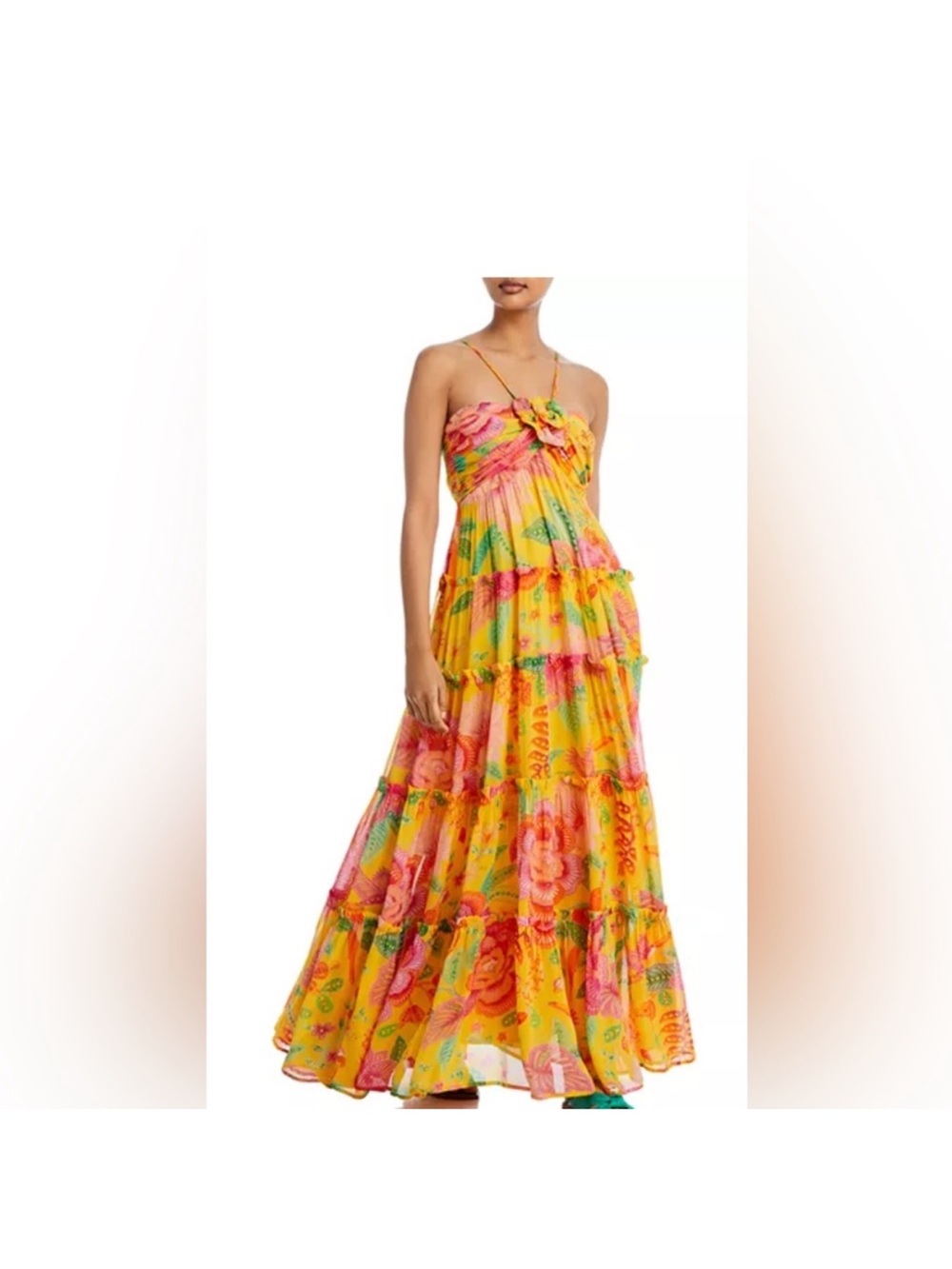 FARM Rio Yellow Floral Tiered Maxi Dress with Pink & Green Print
